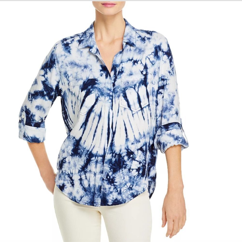 NEW AQUA Tie Dye Shirt Small Blue Rayon Long Sleeve Button Up Bloomingdales